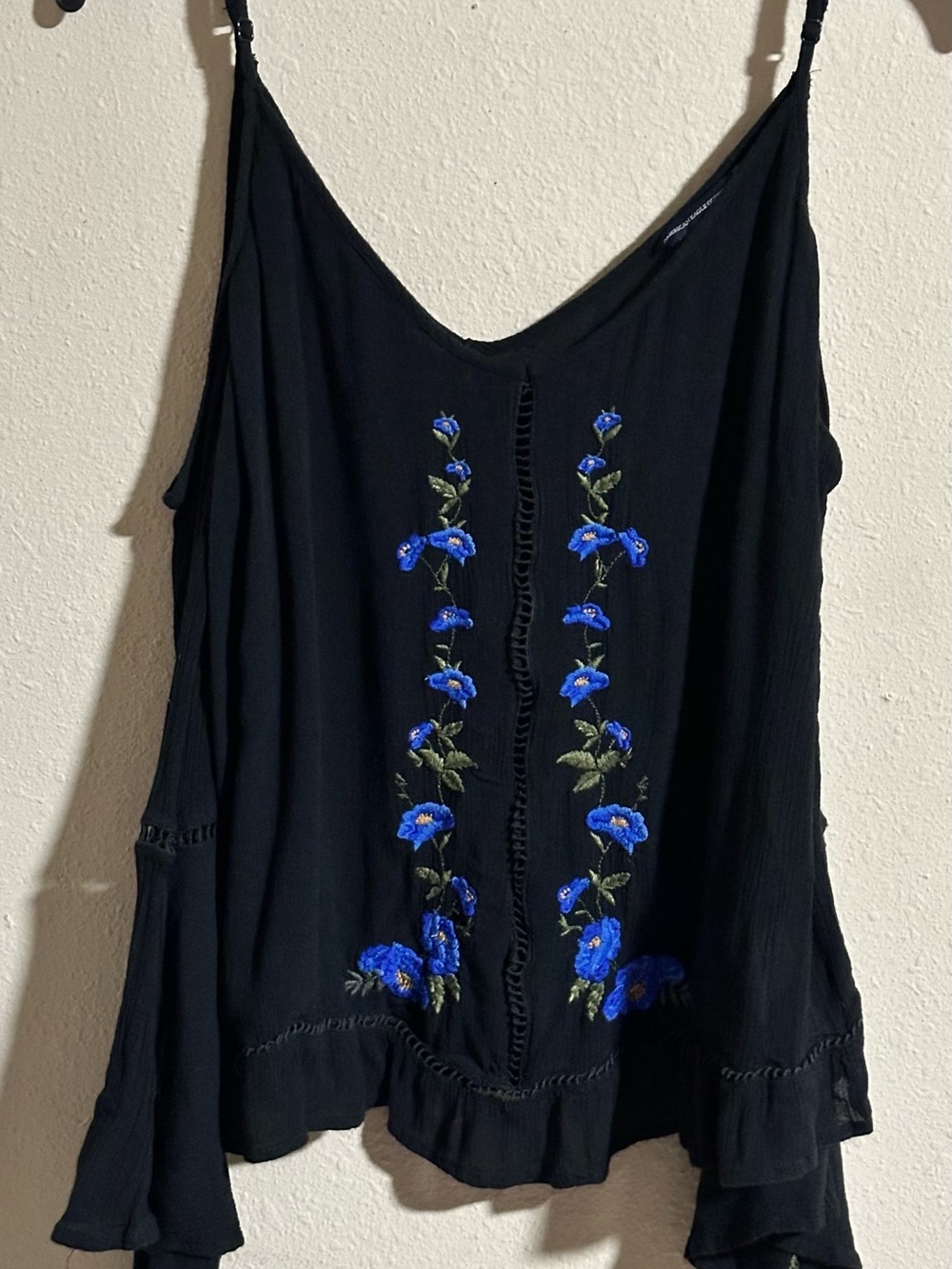 American Eagle Outfitters Black Cold Shoulder Top with Blue Floral Embroidery